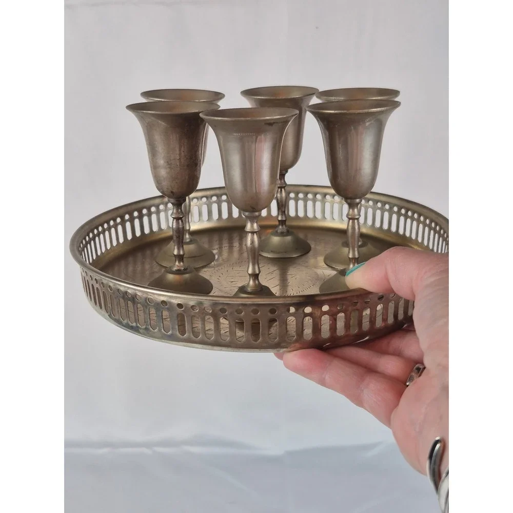 Vintage India‎ Brass Plated Cordial Goblet Set 6 Tray Barware Serving Decor